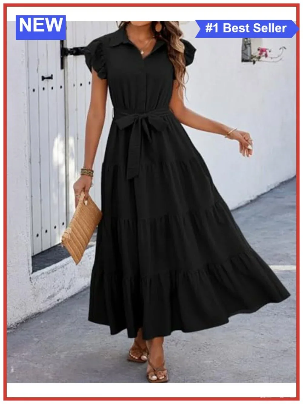 Women's Ruffle Sleeve Boho Maxi Dress with Pockets Belted